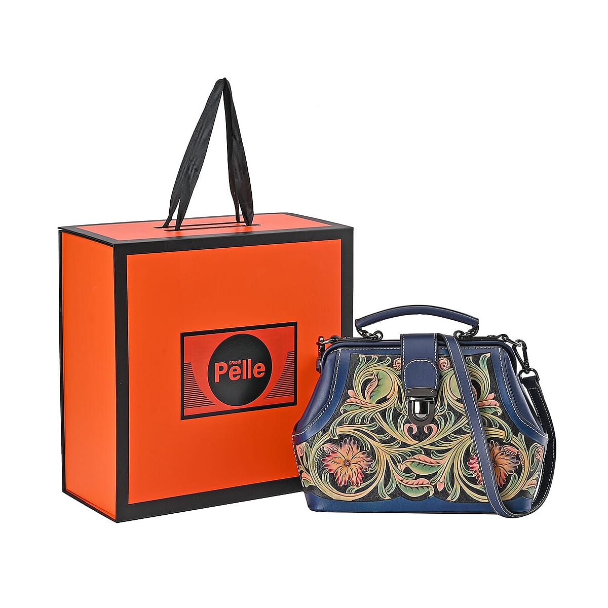 Grand Pelle Royal Collection Navy with Multi Color Hand Engraving Flower Pattern Genuine Leather Crossbody Bag image number 6