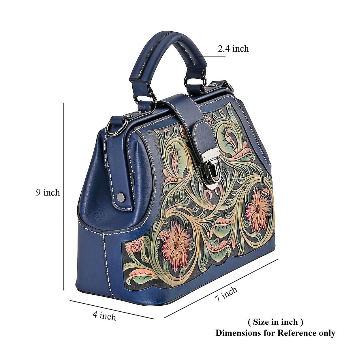 Grand Pelle Royal Collection Navy with Multi Color Hand Engraving Flower Pattern Genuine Leather Crossbody Bag image number 7