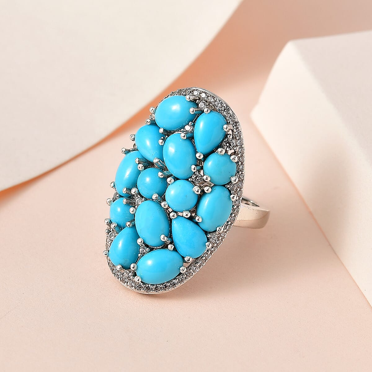 Premium Sleeping Beauty Turquoise and White Zircon Cluster Ring in Platinum Over Sterling Silver 6.70 ctw image number 1