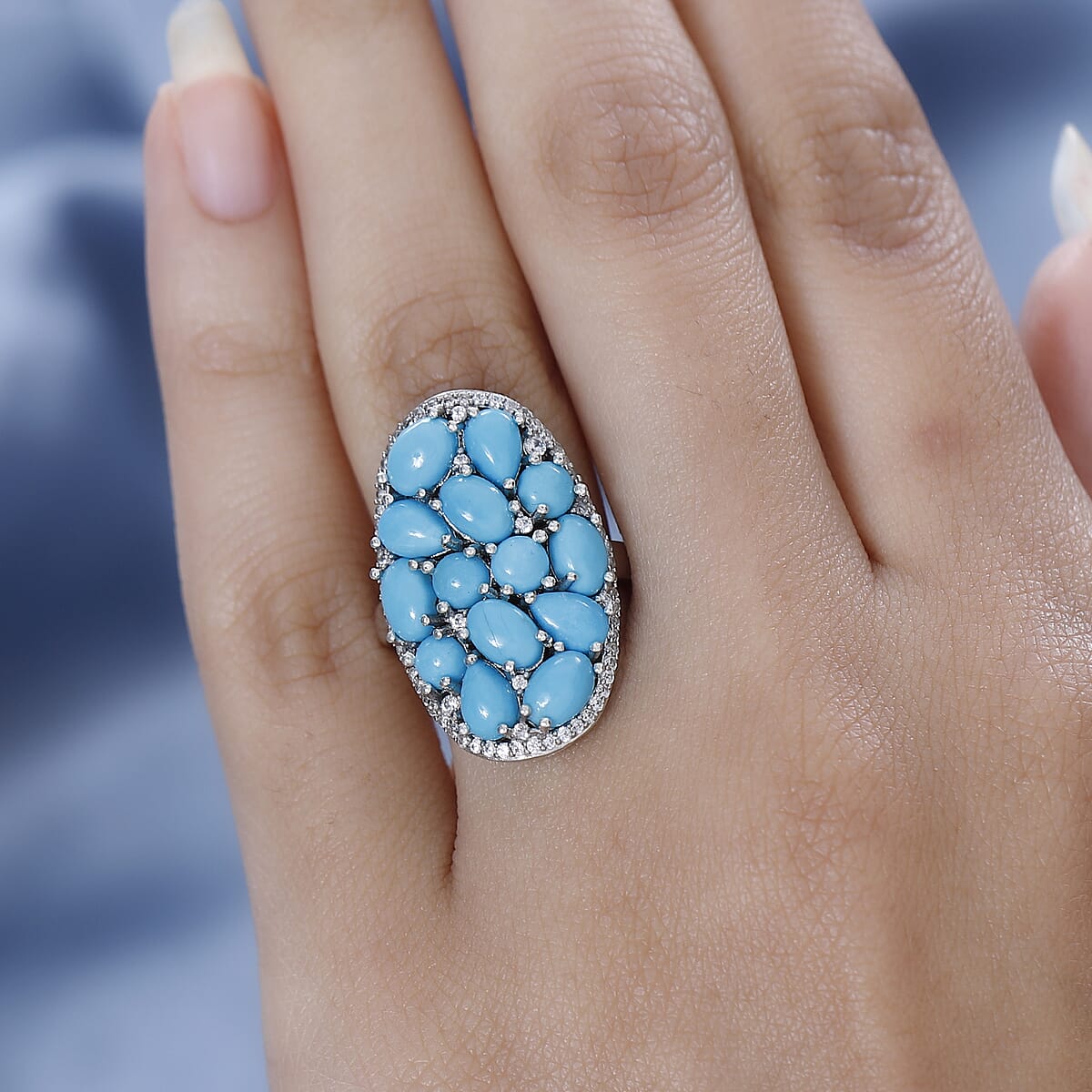 Premium Sleeping Beauty Turquoise and White Zircon Cluster Ring in Platinum Over Sterling Silver 6.70 ctw image number 2