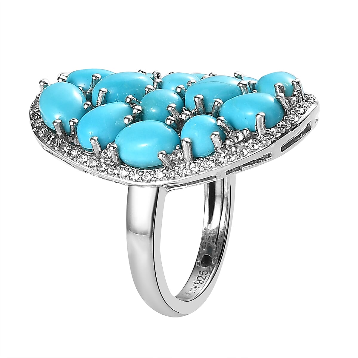 Premium Sleeping Beauty Turquoise and White Zircon Cluster Ring in Platinum Over Sterling Silver 6.70 ctw image number 3
