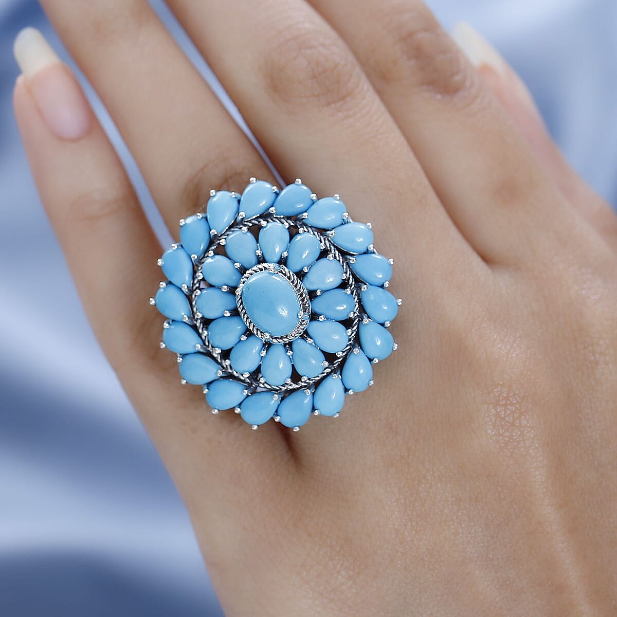 Premium Sleeping Beauty Turquoise Floral Ring in Sterling Silver (Size 10.0) 12.90 ctw image number 2