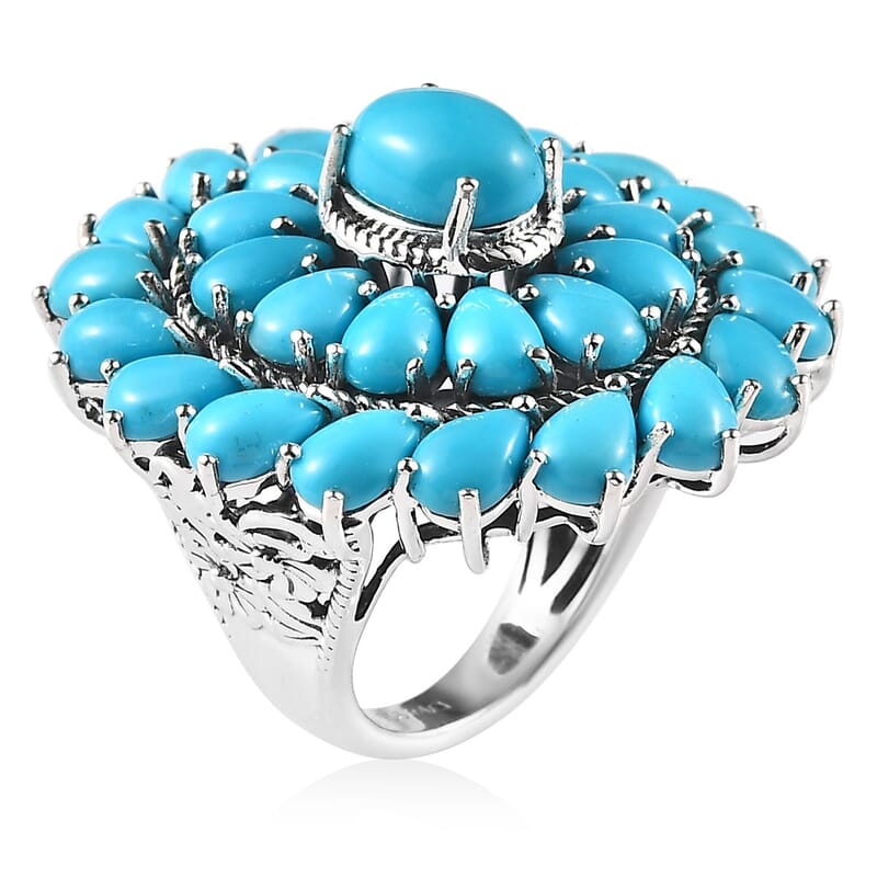 Premium Sleeping Beauty Turquoise Floral Ring in Sterling Silver (Size 10.0) 12.90 ctw