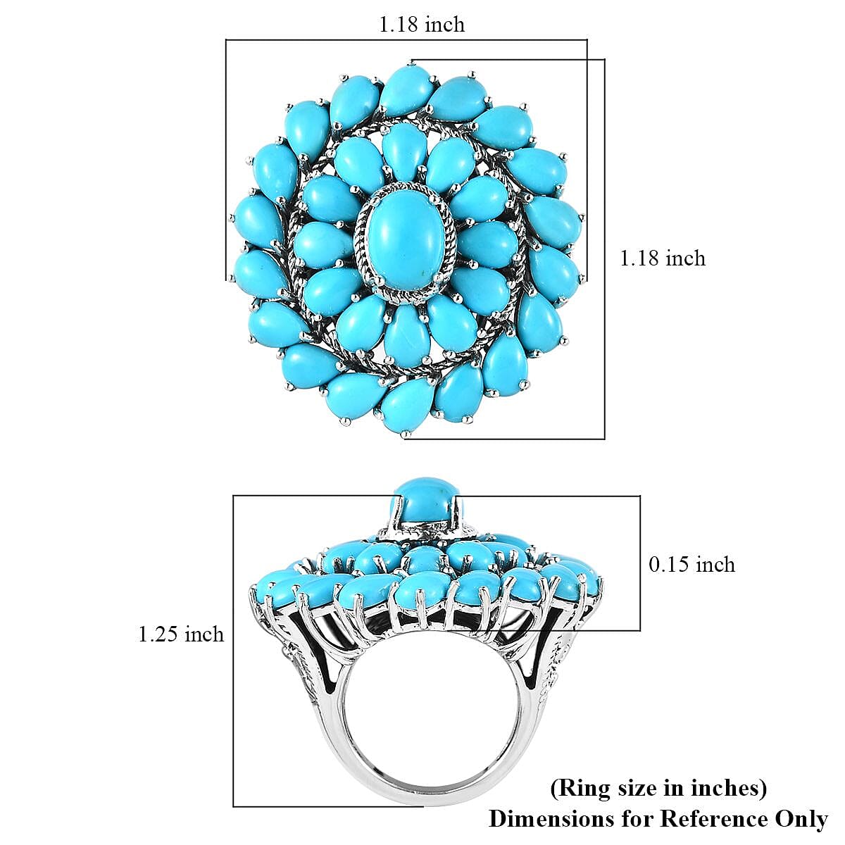 Premium Sleeping Beauty Turquoise Floral Ring in Sterling Silver (Size 10.0) 12.90 ctw