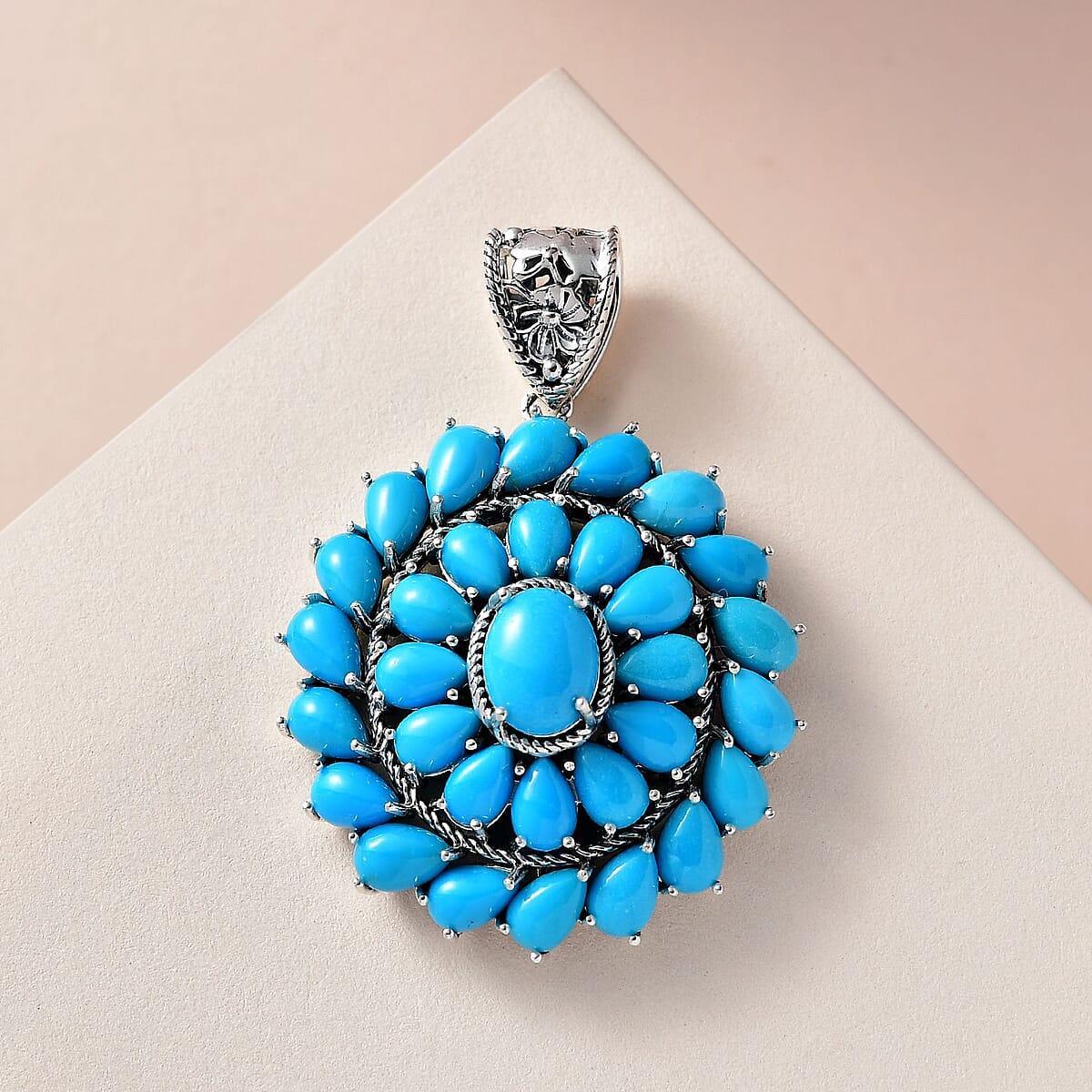 Premium Sleeping Beauty Turquoise Floral Pendant in Sterling Silver 12.90 ctw image number 1