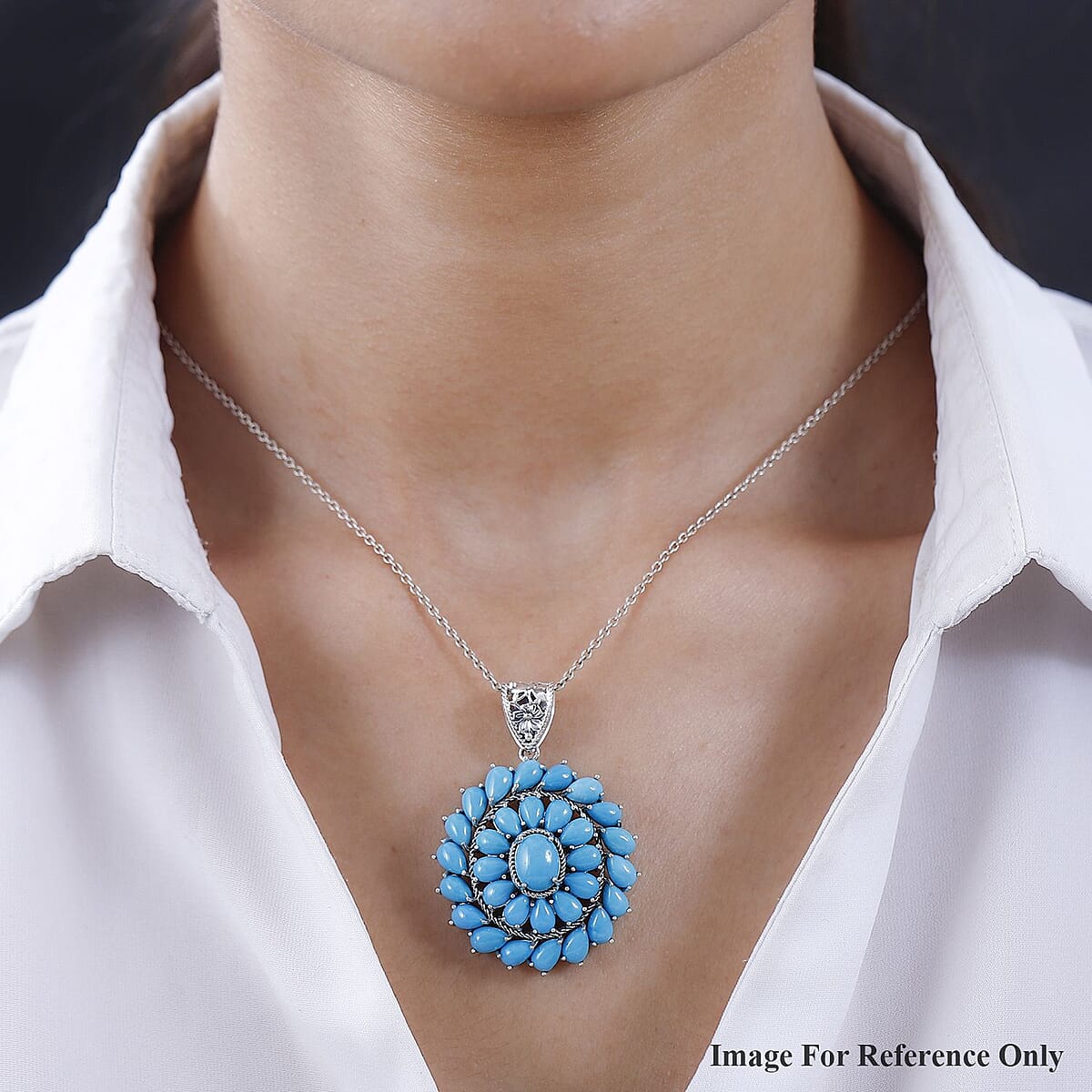 Premium Sleeping Beauty Turquoise Floral Pendant in Sterling Silver 12.90 ctw image number 2