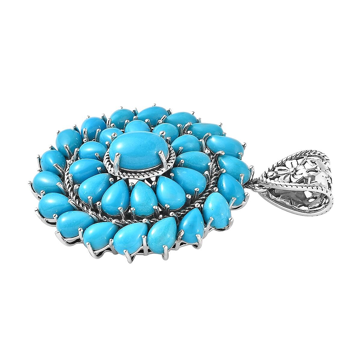 Premium Sleeping Beauty Turquoise Floral Pendant in Sterling Silver 12.90 ctw image number 3