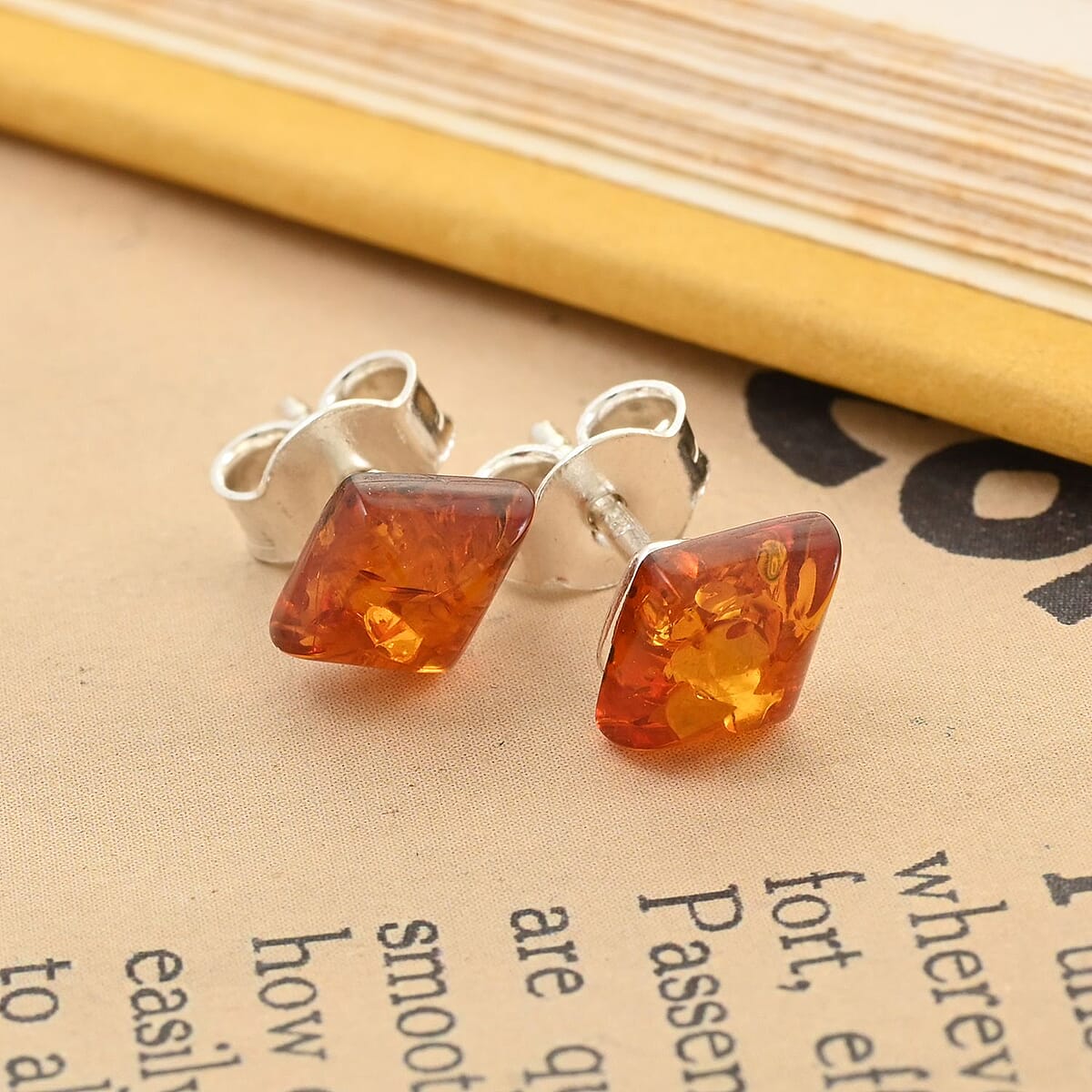 Baltic Amber Solitaire Stud Earrings in Sterling Silver image number 1