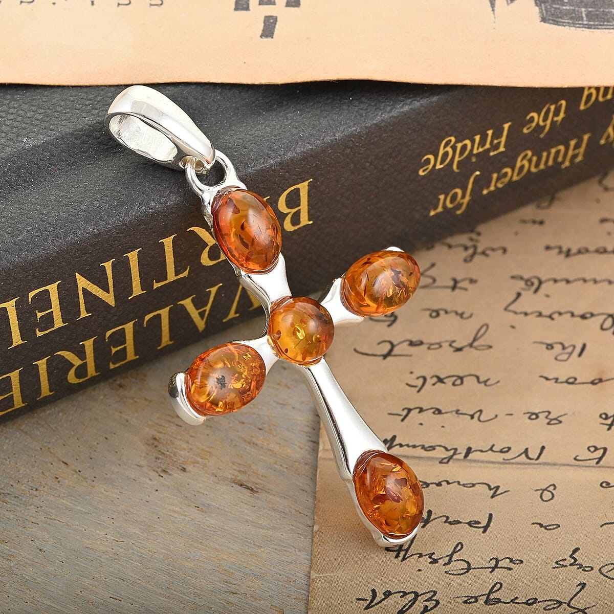 Baltic Amber Cross Pendant in Sterling Silver image number 1