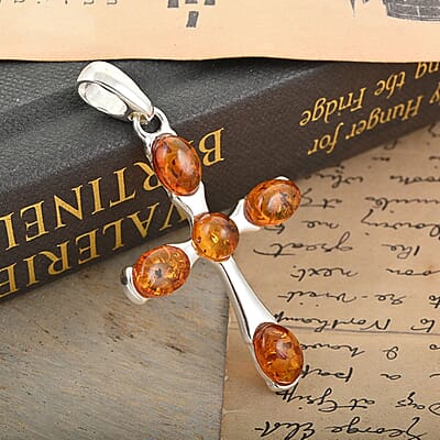 Baltic Amber Cross Pendant in Sterling Silver