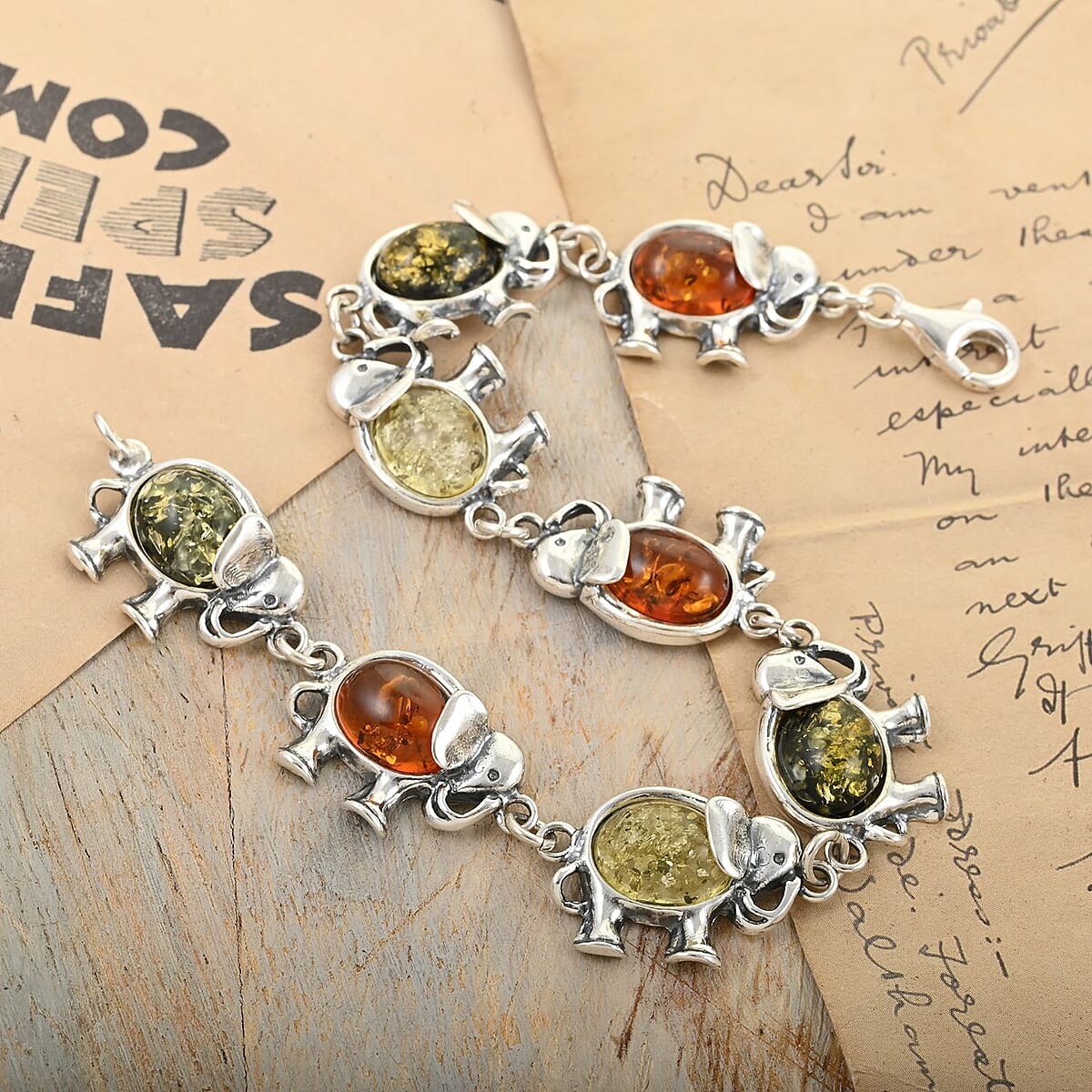Multi Color Amber Elephant Link Bracelet in Sterling Silver (7.50 In) image number 1