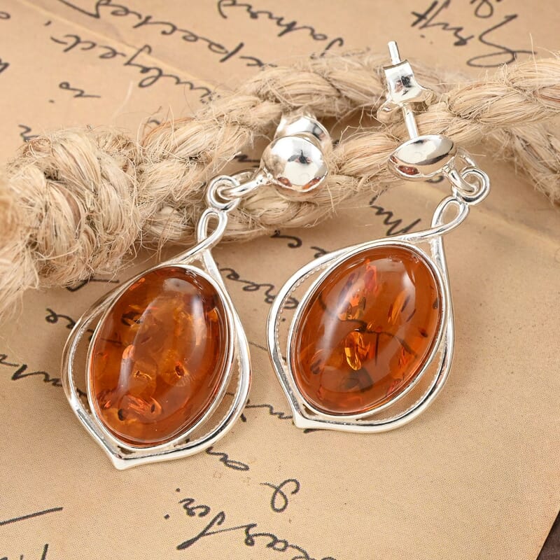 Cognac Amber Dangle Earrings in Sterling Silver