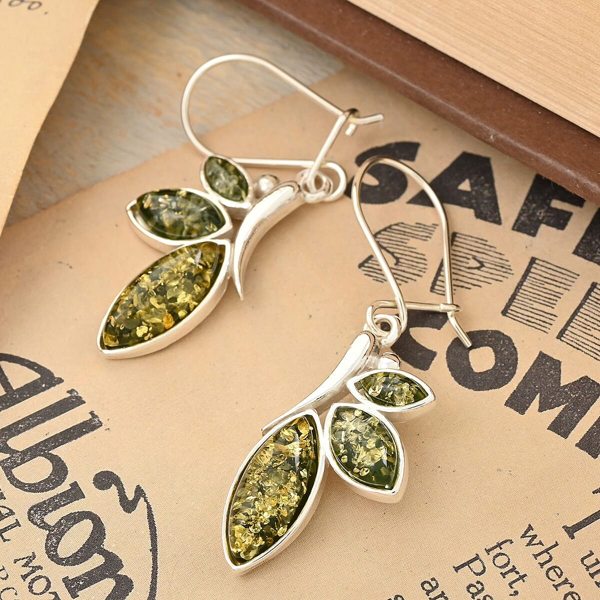 Mayan Green Amber Earrings in Sterling Silver image number 1