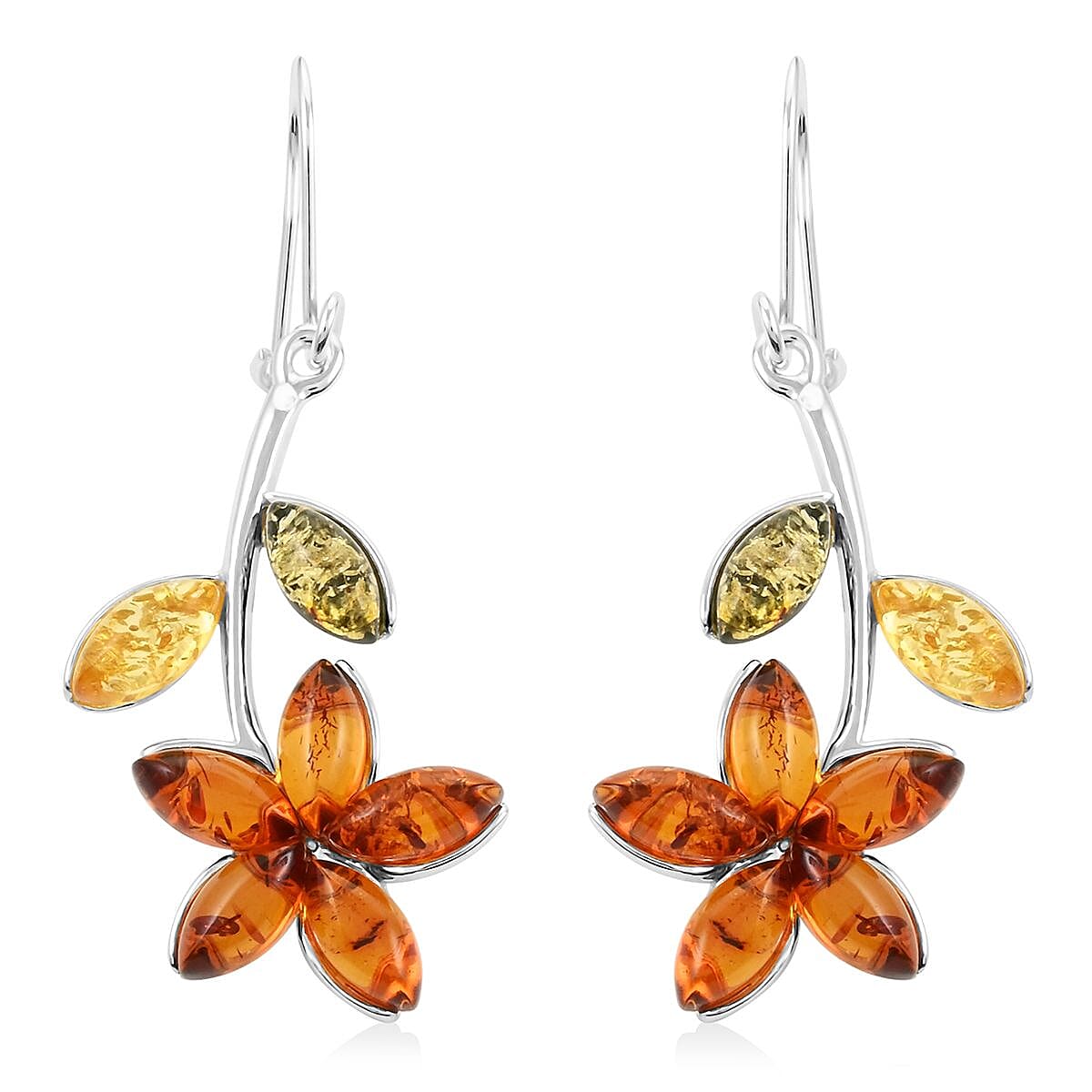 Multi Colored Amber Flower Earrings in Sterling Silver