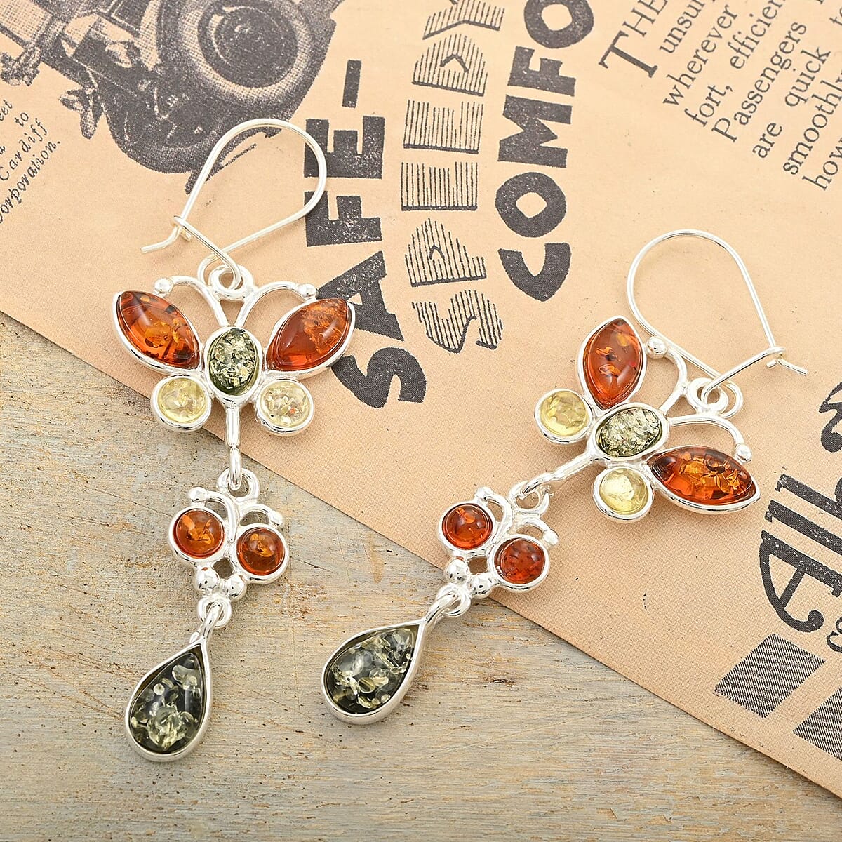 Multi Colored Amber Butterfly Earrings in Sterling Silver image number 1