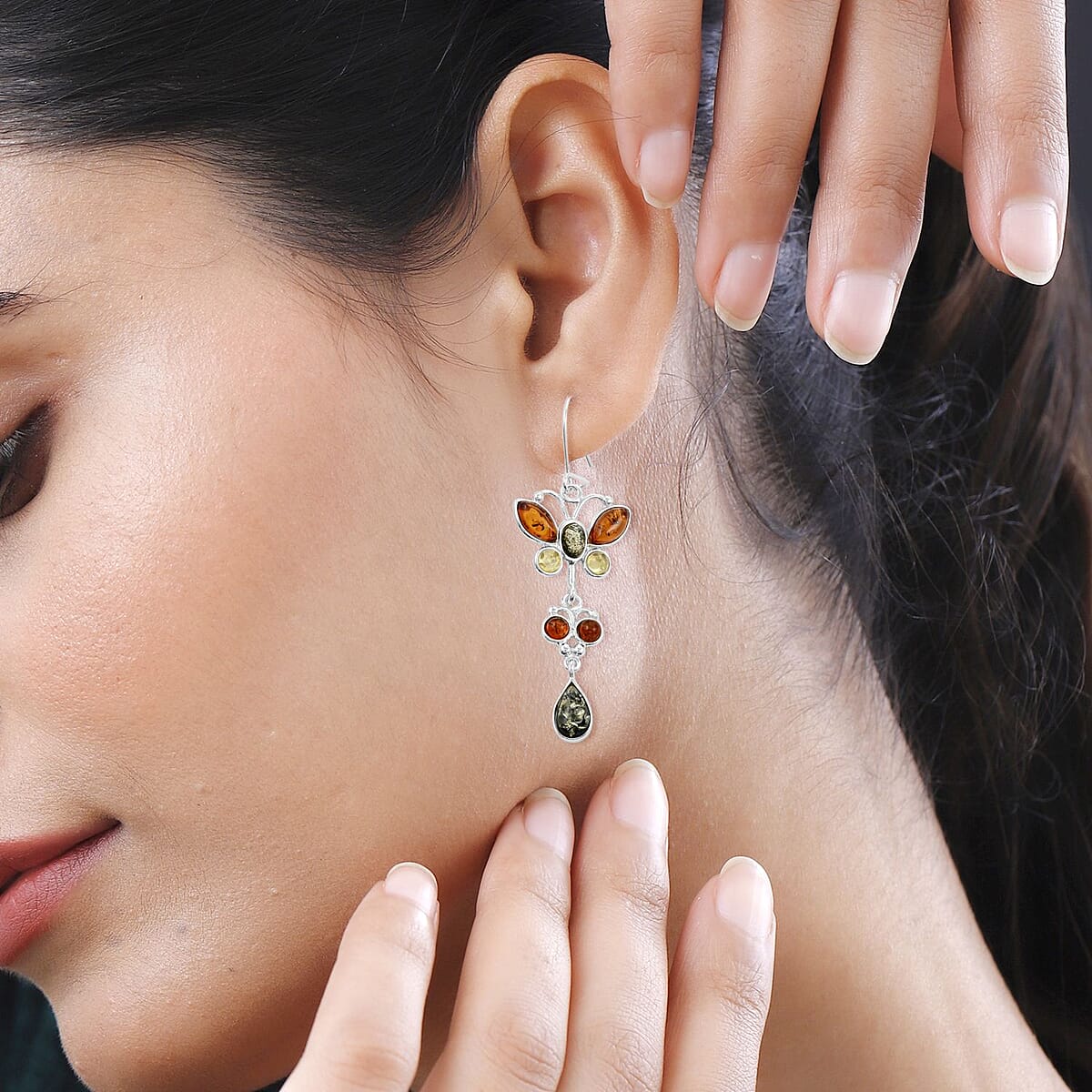 Multi Colored Amber Butterfly Earrings in Sterling Silver image number 2