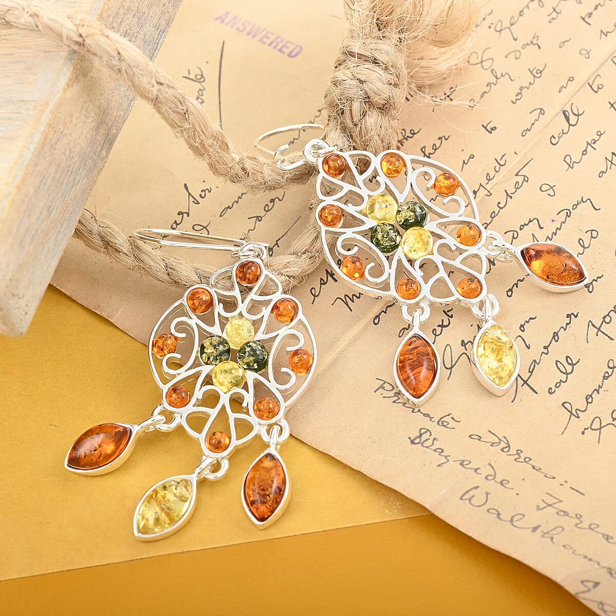 Multi Colored Amber Drop Earrings in Sterling Silver image number 1