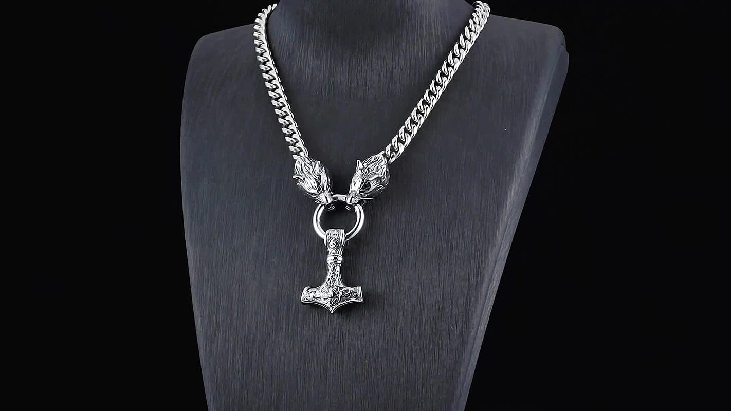 Wolf and Anchor Interchangeable Pendant with Miami Cuban Necklace 24 Inches in Stainless Steel