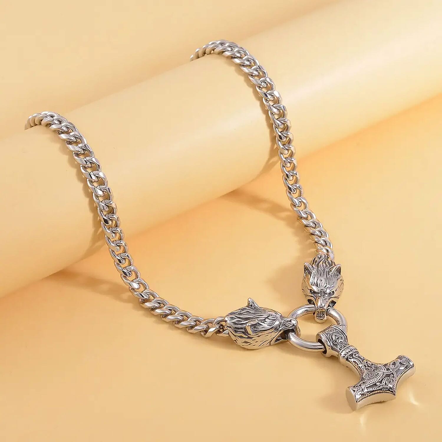 EverTrue Wolf and Anchor Interchangeable Pendant with Miami Cuban Necklace 24 Inches in Stainless Steel