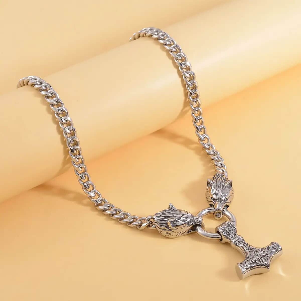 Ever True Wolf and Anchor Interchangeable Pendant with Miami Cuban Necklace 24 Inches in Stainless Steel image number 1