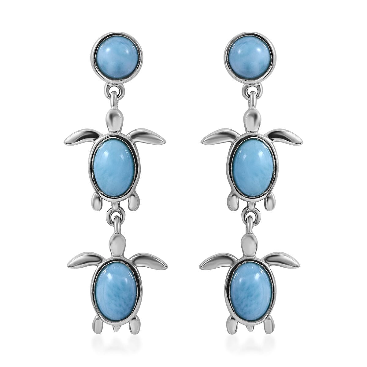 Larimar Turtle Dangling Earrings in Platinum Over Sterling Silver 4.90 ctw
