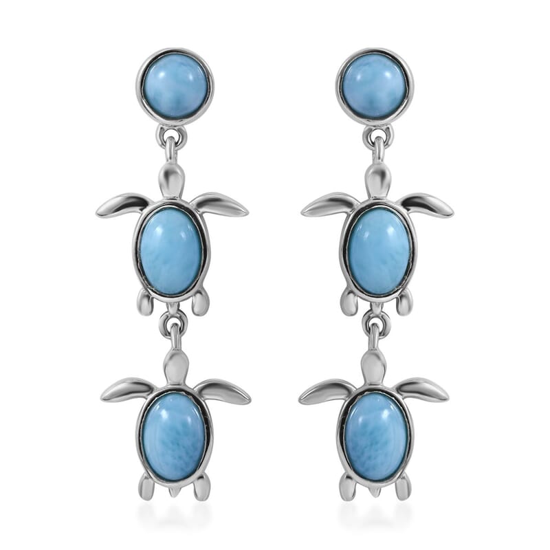 Larimar Turtle Dangling Earrings in Platinum Over Sterling Silver 4.90 ctw