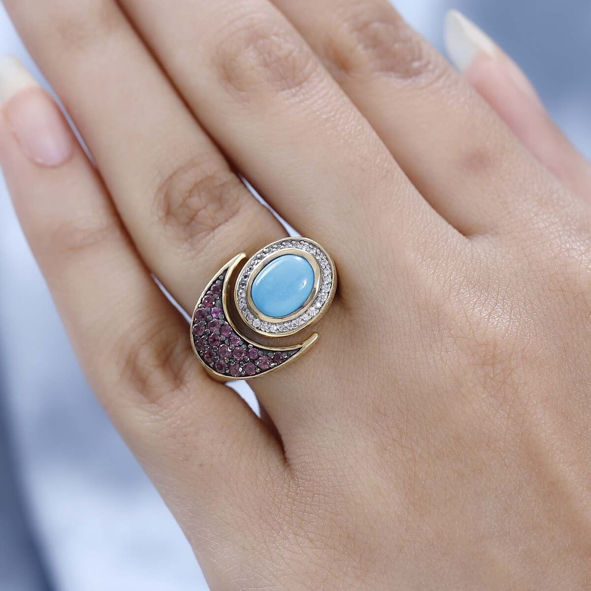GP Celestial Dream Collection Sleeping Beauty Turquoise and Multi Gemstone Celestial Ring in Vermeil Yellow Gold Over Sterling Silver 2.25 ctw image number 2