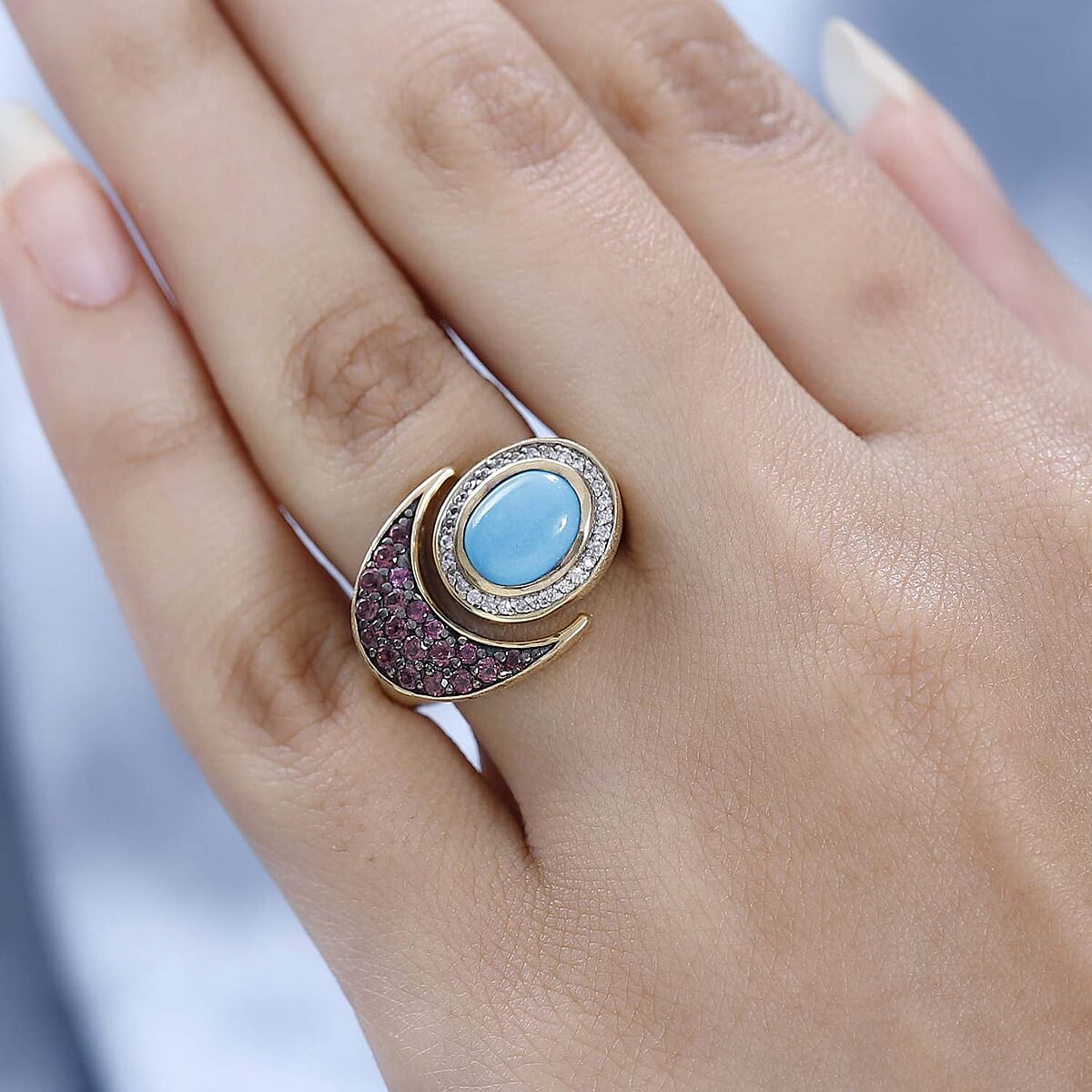 GP Celestial Dream Collection Sleeping Beauty Turquoise and Multi Gemstone Celestial Ring in Vermeil Yellow Gold Over Sterling Silver (Size 6.0) 2.25 ctw image number 2