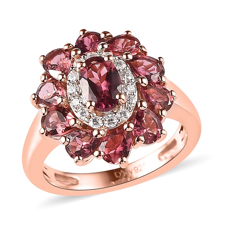 Premium Morro Redondo Pink Tourmaline and Moissanite Floral Ring in Vermeil Rose Gold Over Sterling Silver (Size 10.0) 2.25 ctw