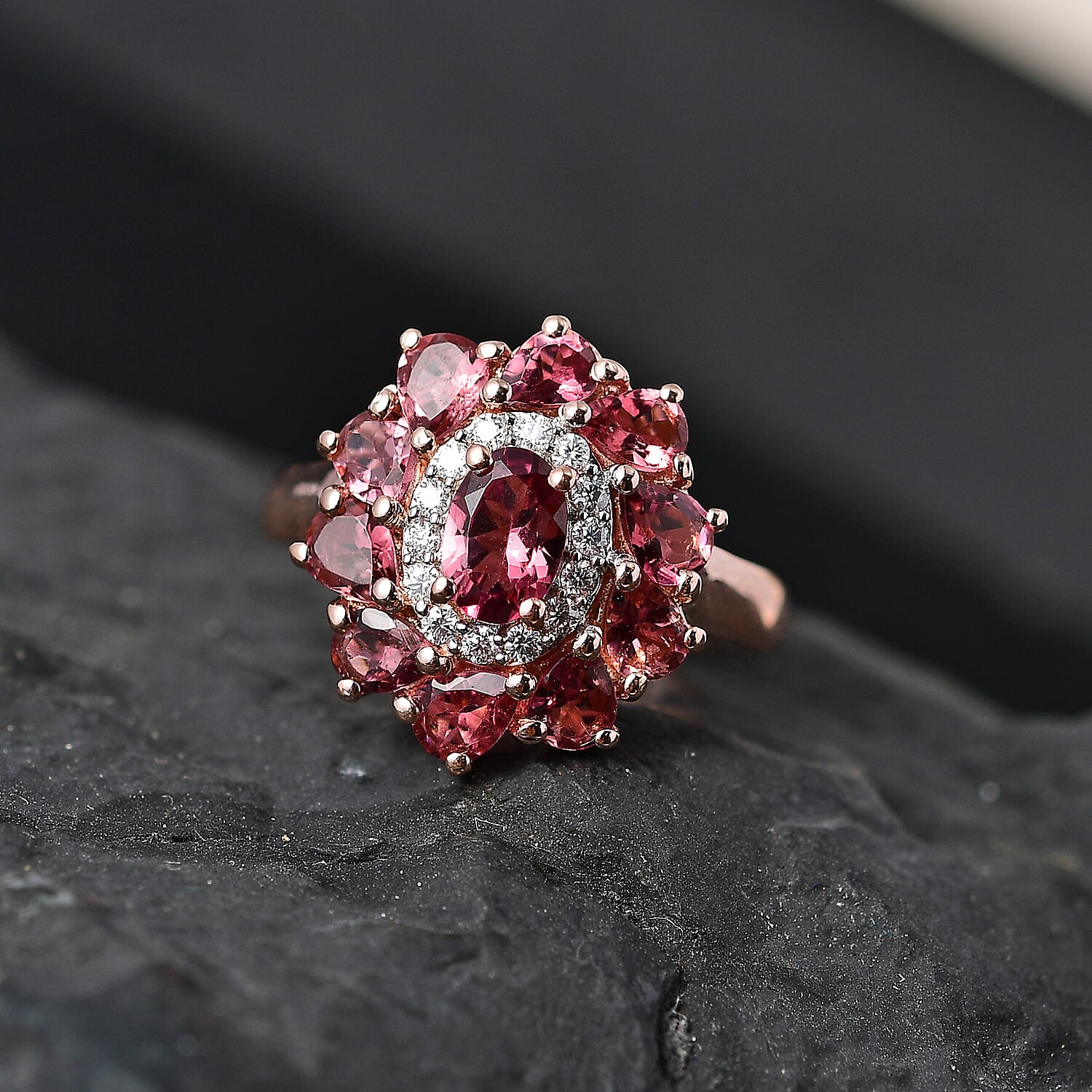 Premium Morro Redondo Pink Tourmaline and Moissanite Floral Ring in Vermeil Rose Gold Over Sterling Silver (Size 10.0) 2.25 ctw