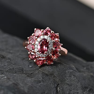 Premium Morro Redondo Pink Tourmaline and Moissanite Floral Ring in Vermeil Rose Gold Over Sterling Silver (Size 10.0) 2.25 ctw