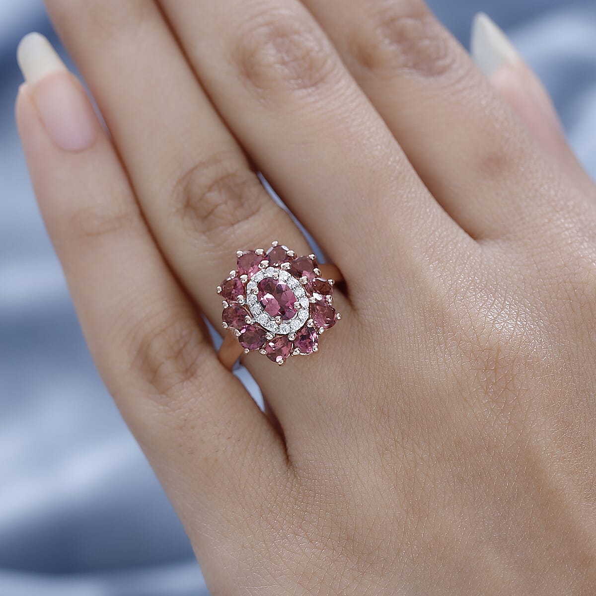 Premium Morro Redondo Pink Tourmaline and Moissanite Floral Ring in Vermeil Rose Gold Over Sterling Silver 2.25 ctw image number 2