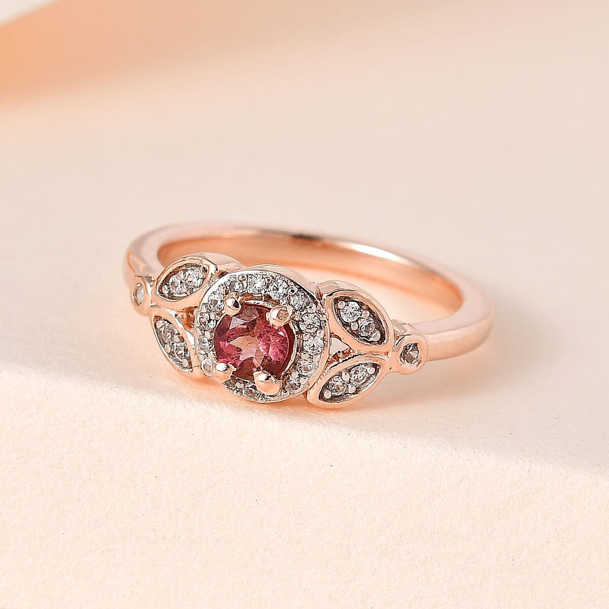 Premium Morro Redondo Pink Tourmaline and White Zircon Halo Ring in Vermeil Rose Gold Over Sterling Silver 0.50 ctw image number 1