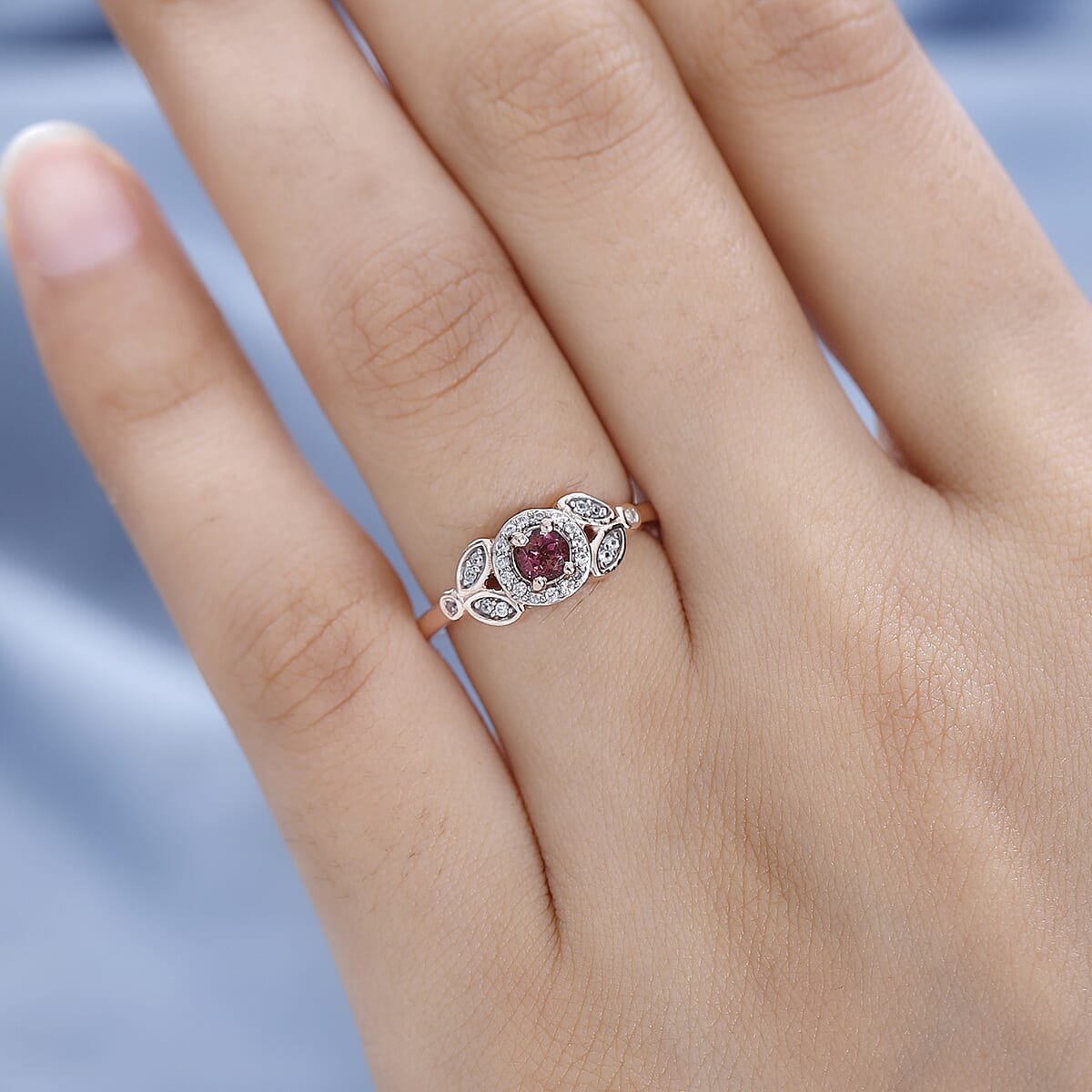 Premium Morro Redondo Pink Tourmaline and White Zircon Halo Ring in Vermeil Rose Gold Over Sterling Silver 0.50 ctw image number 2