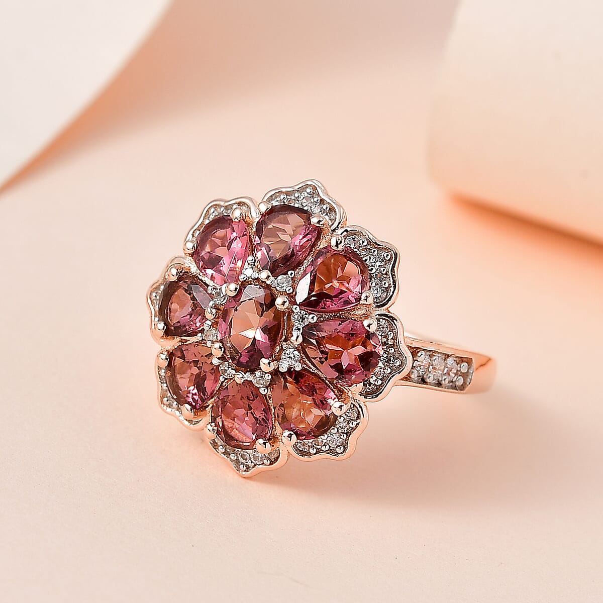 Premium Morro Redondo Pink Tourmaline and White Zircon Floral Ring in Vermeil Rose Gold Over Sterling Silver (Size 8.0) 2.85 ctw image number 1