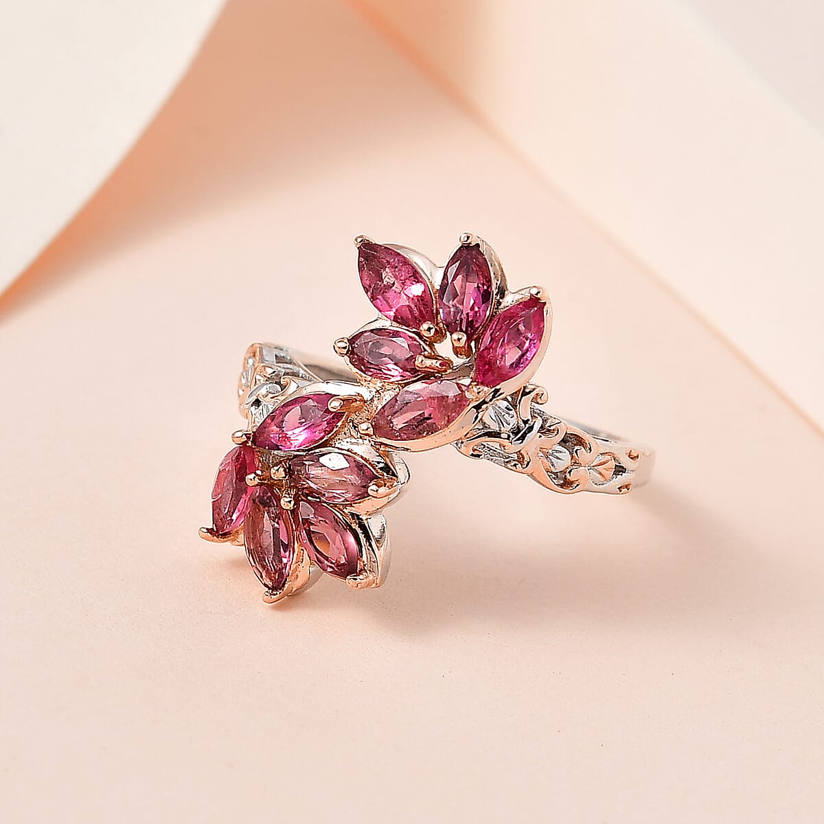 Premium Morro Redondo Pink Tourmaline Bypass Ring in Vermeil RG and Platinum Over Sterling Silver (Size 5.0) 1.35 ctw image number 1