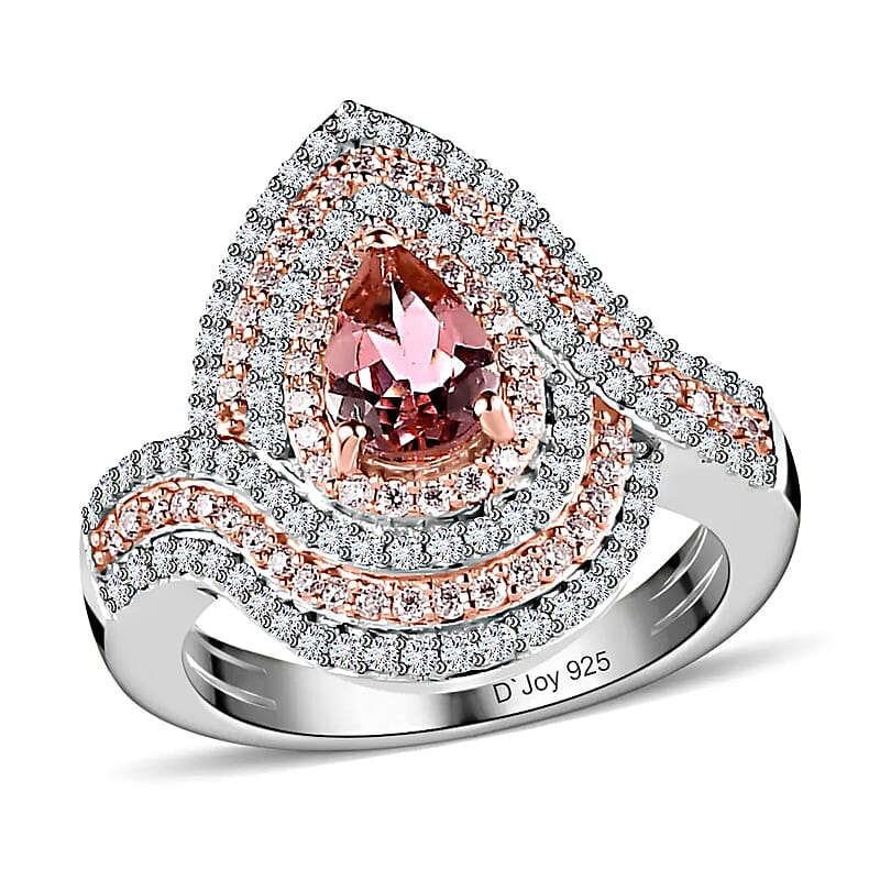 Premium Morro Redondo Pink Tourmaline Ring, Moissanite Accent Ring, Vermeil RG and Platinum Over Sterling Silver Ring, Tourmaline Jewelry 1.15 ctw