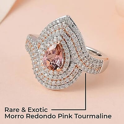 Premium Morro Redondo Pink Tourmaline Ring, Moissanite Accent Ring, Vermeil RG and Platinum Over Sterling Silver Ring, Tourmaline Jewelry 1.15 ctw
