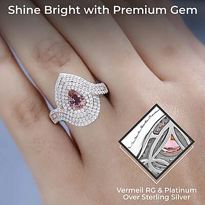 Premium Morro Redondo Pink Tourmaline Ring, Moissanite Accent Ring, Vermeil RG and Platinum Over Sterling Silver Ring, Tourmaline Jewelry 1.15 ctw