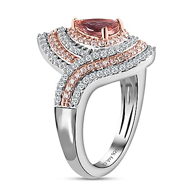 Premium Morro Redondo Pink Tourmaline Ring, Moissanite Accent Ring, Vermeil RG and Platinum Over Sterling Silver Ring, Tourmaline Jewelry 1.15 ctw