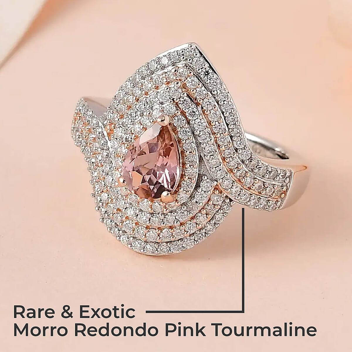 Premium Morro Redondo Pink Tourmaline Ring, Moissanite Accent Ring, Vermeil RG and Platinum Over Sterling Silver Ring, Tourmaline Jewelry 1.15 ctw image number 1