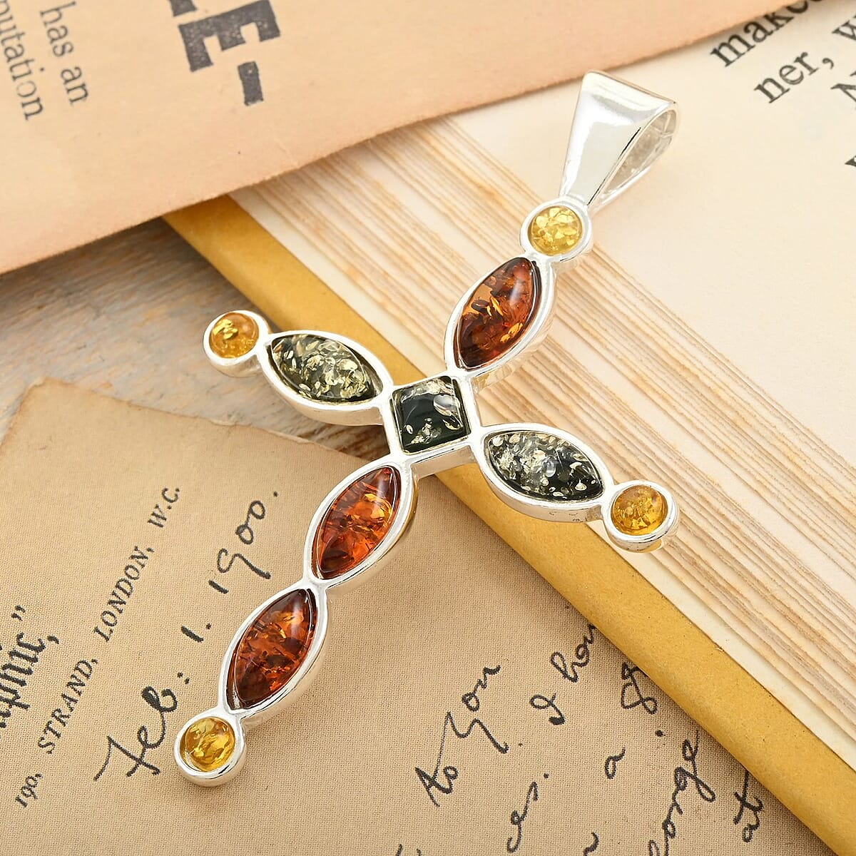 Multi Color Amber Cross Pendant in Sterling Silver image number 1