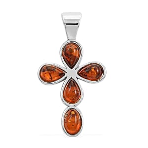 Baltic Amber Cross Pendant without Chain in Sterling Silver