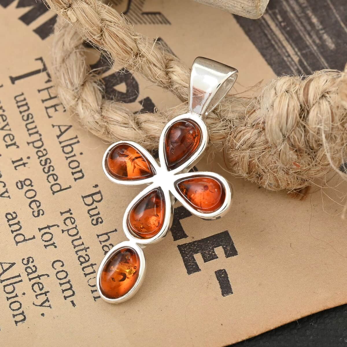 Baltic Amber Cross Pendant in Sterling Silver image number 1