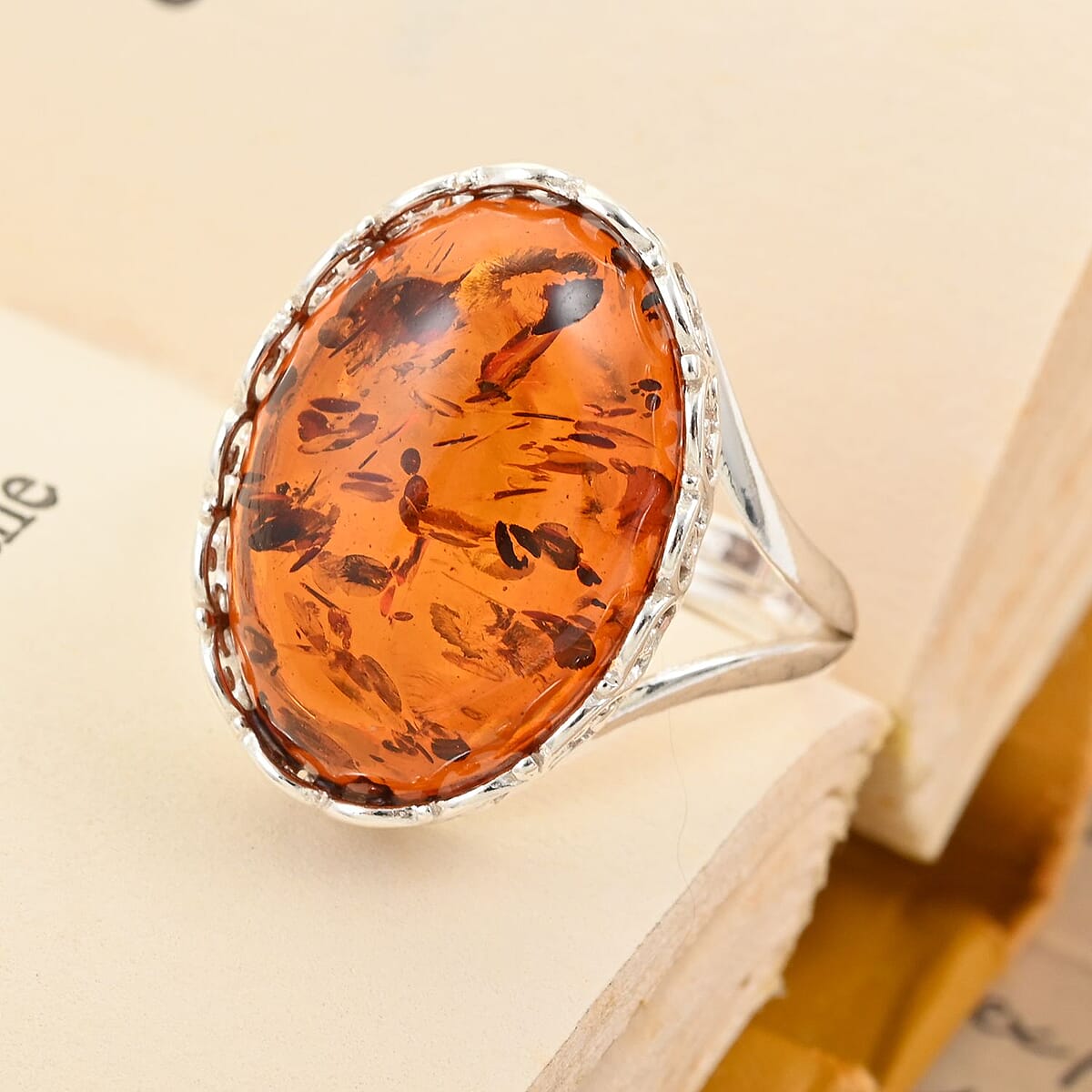 Baltic Amber Solitaire Ring in Sterling Silver (Size 10.0) image number 1