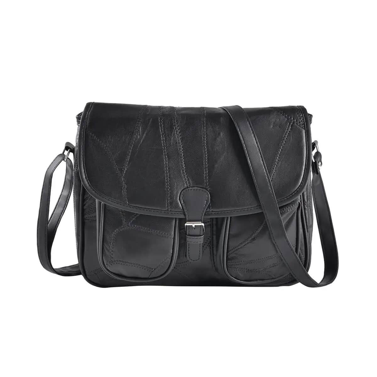 Black Patch Work Sheep Leather Crossbody Bag with Faux Leather Trim with Adjustable Shoulder Strap image number 0
