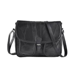 Black Patch Work Sheep Leather Crossbody Bag with Faux Leather Trim with Adjustable Shoulder Strap