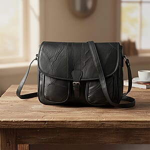 Black Patch Work Sheep Leather Crossbody Bag with Faux Leather Trim with Adjustable Shoulder Strap