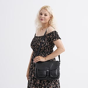 Black Patch Work Sheep Leather Crossbody Bag with Faux Leather Trim with Adjustable Shoulder Strap