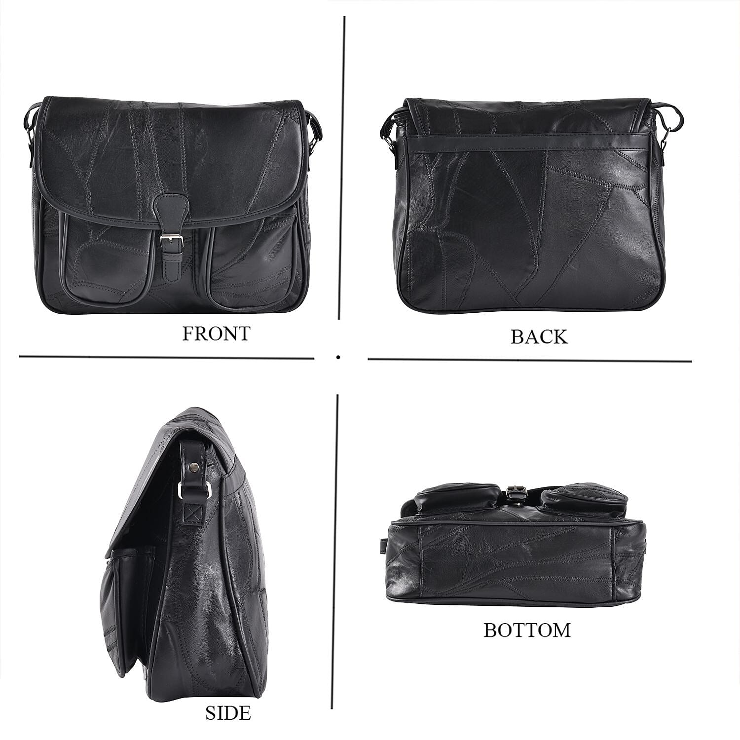 Black Patch Work Sheep Leather Crossbody Bag with Faux Leather Trim with Adjustable Shoulder Strap
